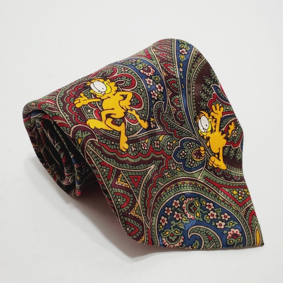 Garfield Necktie Red Paisley Pattern  Silk Neck Tie Paws Addiction 59x3.75" - Picture 1 of 5
